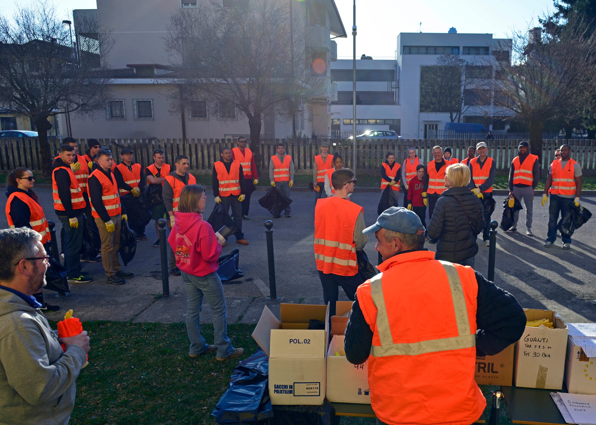 Volunteers from Aviano Air Base pick up trash during a city cleanup event in Aviano, March 12, 2017. The participants split into several groups and collected trash spanning 37 square miles of city property. (U.S. Air Force photo by Senior Airman Cary Smith)