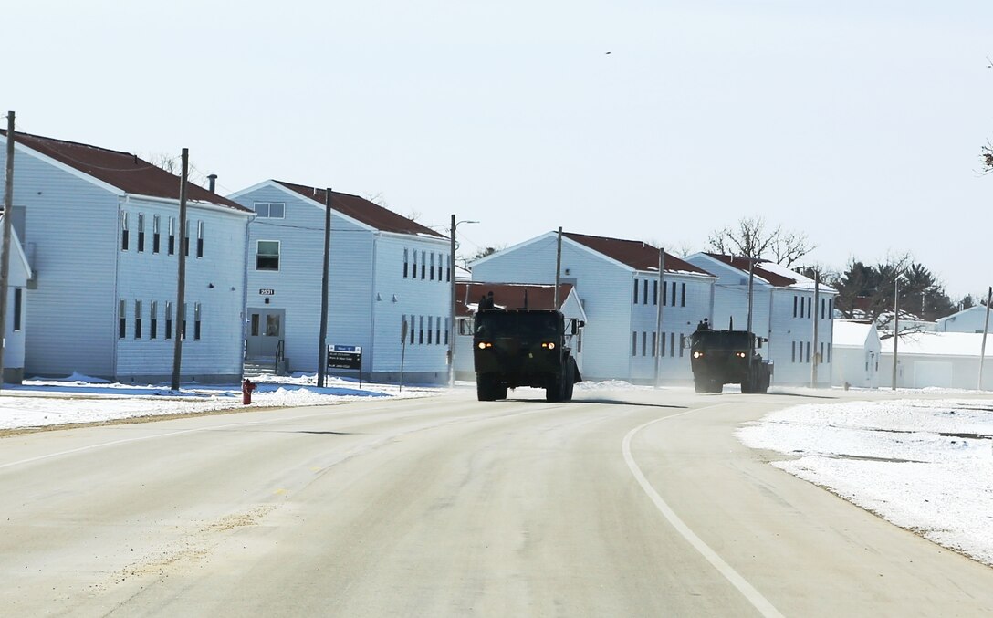 Soldiers at Fort McCoy, Wis., to support an Army Reserve exercise, Operation Cold Steel, drive M1075A1 Palletized Load System trucks in a convoy during exercise preparation March 3, 2017, at the installation. Operation Cold Steel’s purpose is to qualify select gun crews to support “Objective-T” requirements for Army Early Response Forces, or AERF. Army Reserve forces, which are part of the overall AERF contingency forces, are part of the Army plan to provide a force that can deploy on short notice to respond to contingencies when needed. 