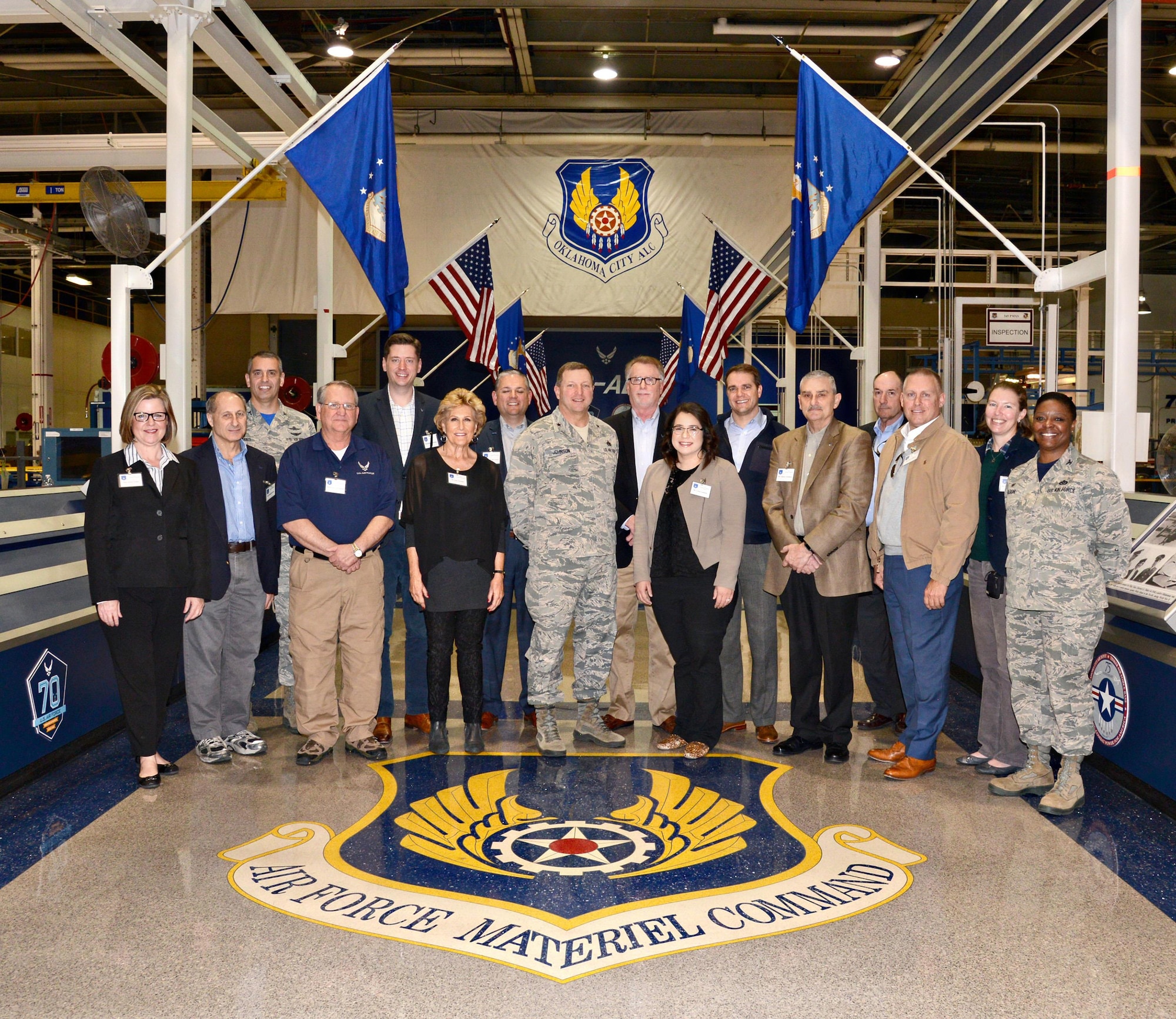 Thirteen members of the Honorary Commanders Program were given an orientation March 3 about the Air Force Sustainment Center, depot maintenance, installation and supply chain operations. From left, Ms. Debra Teufel, Mr. Joseph Brevetti, Col. Scott Diamanti, Honorable Matt Dukes, Honorable David Holt, Ms. Judy Hatfield, Mr. Ron Witherspoon, Brig. Gen. Mark Johnson, Mr. David Brown, Ms. Carol Goodwin, Mr. Lane Neal , Mr. Johnny Kuhlman, Mr. Randy Grau, Mr. Jim Gebhart, Ms. Elizabeth Anthony, and Col. Stephanie Wilson. The Tinker Honorary Commanders Program helps to increase the understanding of both military and community capabilities while fostering essential relationships between Tinker’s senior leadership and community, and government leaders throughout central Oklahoma. (Air Force photo by Kelly White)