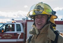 Andrew Knutson, Sherwood Fire Department firefighter, looks at a mobile trainer at Minot Air Force Base, N.D., Feb. 24, 2017. The 5th Civil Engineer Squadron fire department hosted missile field response training to help local fire departments work with them if ever necessary. (U.S. Air Force photo/Airman 1st Class Jonathan McElderry)