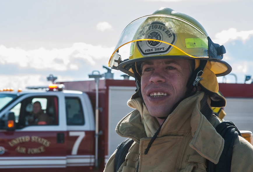 Andrew Knutson, Sherwood Fire Department firefighter, looks at a mobile trainer at Minot Air Force Base, N.D., Feb. 24, 2017. The 5th Civil Engineer Squadron fire department hosted missile field response training to help local fire departments work with them if ever necessary. (U.S. Air Force photo/Airman 1st Class Jonathan McElderry)