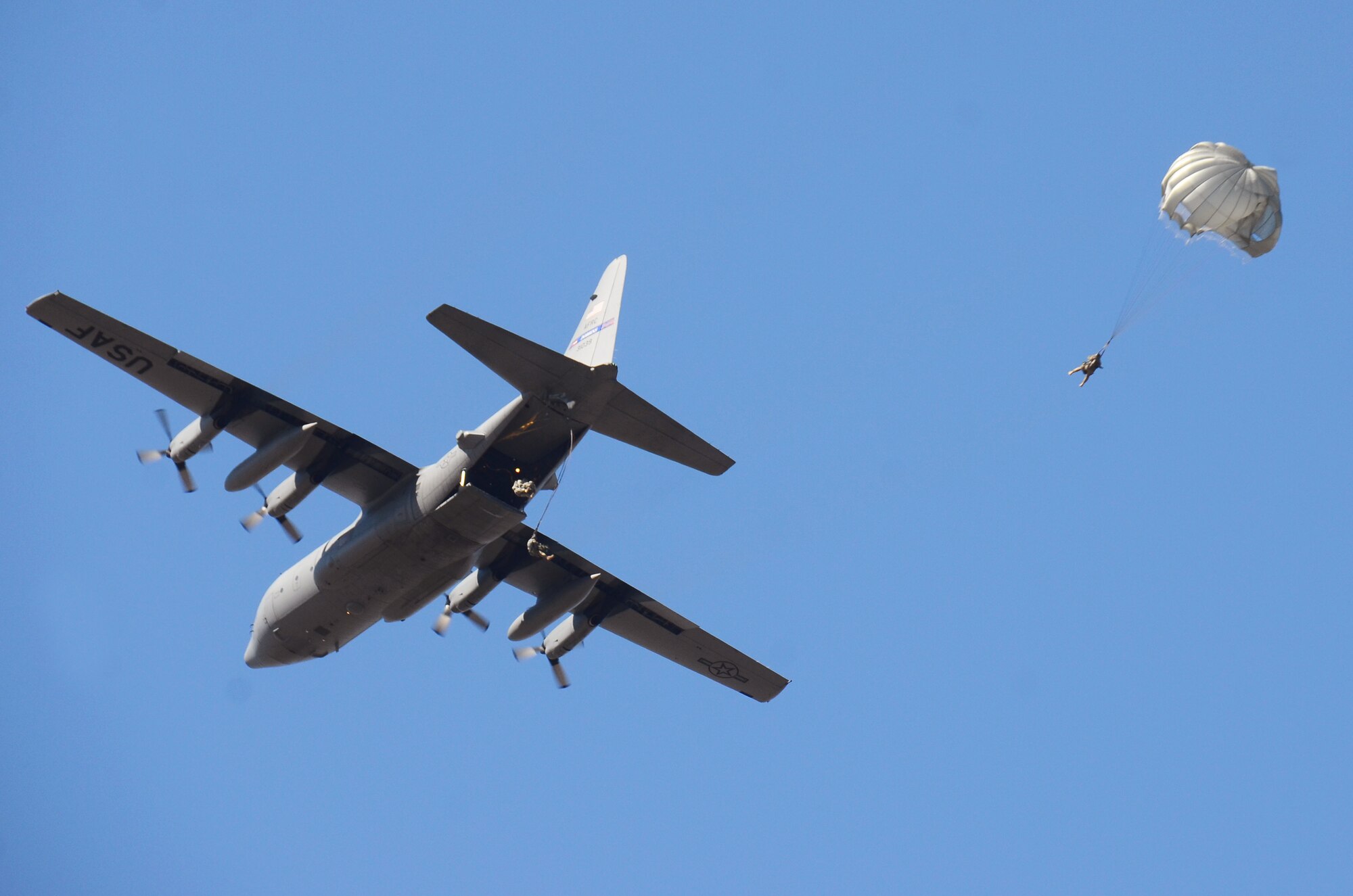 Members of the Leadership Cobb program observed Paratroopers from Company H 121st IN performing jump training maneuvers from a C-130 Hercules aircraft assigned to the 94th Airlift Wing, during a tour of Dobbins Air Reserve Base, Ga. March 8, 2017. (U.S. Air Force photo/Don Peek)