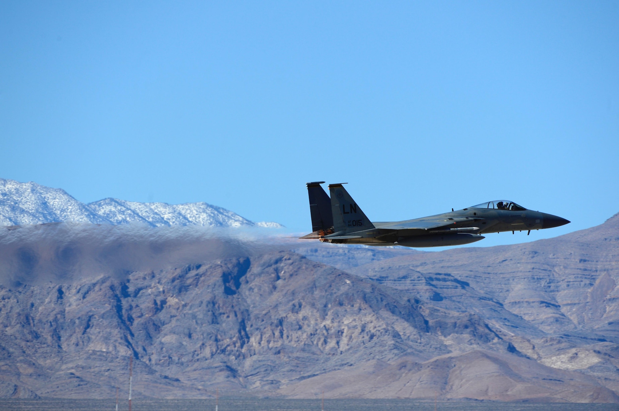 An F-15C Eagle assigned to the 493rd Fighter Squadron, Royal Air Force Lakenheath, England, soars through the sky in support of exercise Red Flag 17-2 at Nellis Air Force Base, Nev., Mar. 1. Red Flag is a realistic combat exercise involving U.S. and allied air forces conducting training operations on the 2.9 million acres of Nevada Test and Training Range. (U.S. Air Force photo/Senior Airman Malcolm Mayfield)