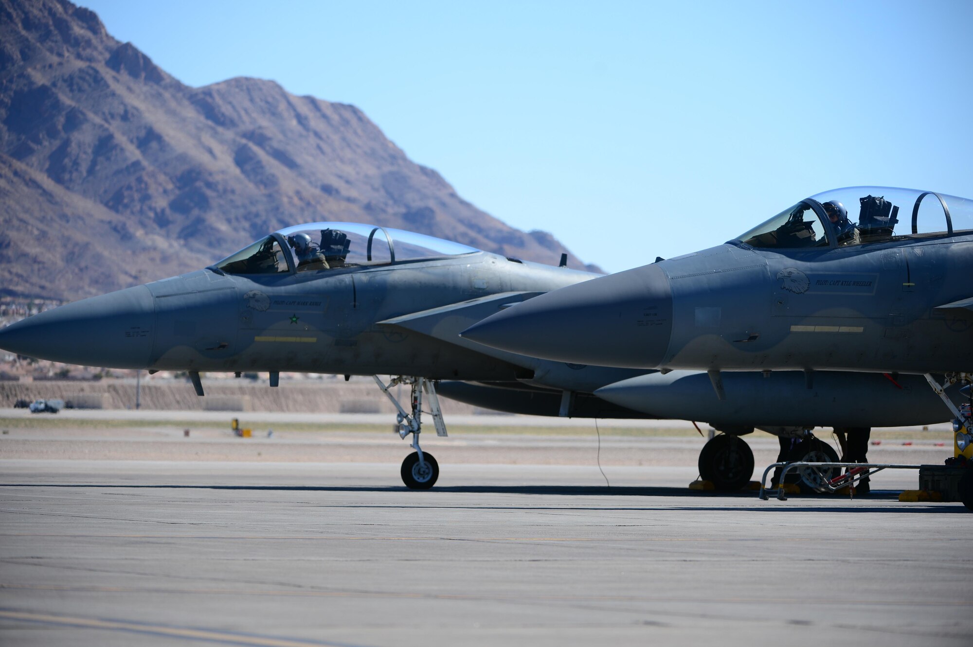 F-15C Eagles assigned to the 493rd Fighter Squadron, Royal Air Force Lakenheath, England, are prepared for a sortie for exercise Red Flag 17-2 at Nellis Air Force Base, Nev., Mar. 1.  The exercise was designed to simulate the first 10 combat missions pilots would face and reduce risk during their first real world missions due to lack of experience. (U.S. Air Force photo/Senior Airman Malcolm Mayfield)