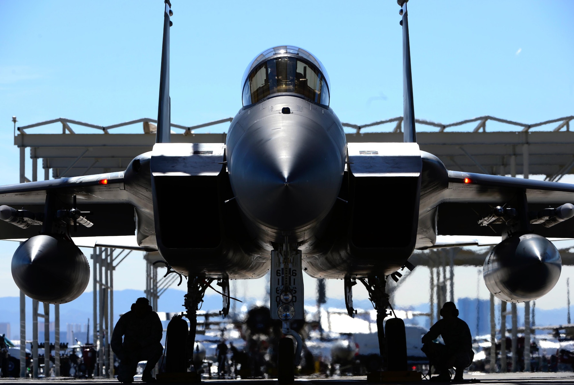 An F-15C Eagle assigned to the 493rd Fighter Squadron, Royal Air Force Lakenheath, England, is prepared for a sortie for exercise Red Flag 17-2 at Nellis Air Force Base, Nev., Mar. 3. The exercise was designed to simulate the first 10 combat missions pilots would face and reduce risk during their first real world missions due to lack of experience. (U.S. Air Force photo/Senior Airman Malcolm Mayfield)