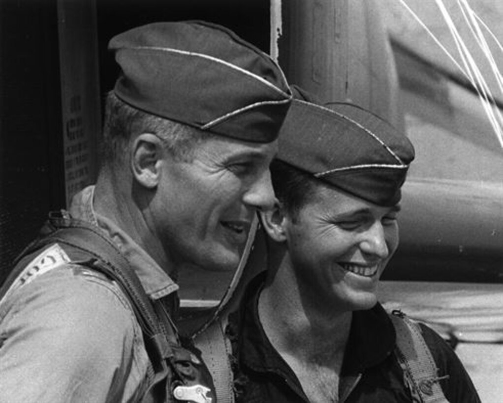 Col. Robin Olds (left) and Capt. John Stone after OPERATION BOLO. Three other 8th Tactical Fighter Wing officers, 1st Lt. Joseph Hicks, 1st Lt. Ralph Wetterhahn and Maj. James Covington, also worked on planning the mission details. (U.S. Air Force photo)