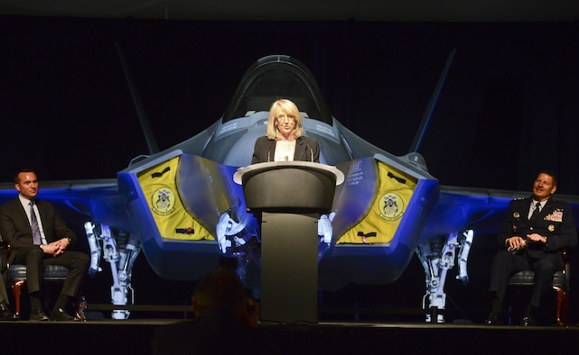 Jan Brewer, former governor of Arizona, spoke with Luke members during the F-35 Lightning II Unveiling Celebration March 14, 2014, at Luke Air Force Base, Ariz. The former governor’s speech showed government support between Luke and the surrounding communities. (U.S. Air Force photo by Senior Airman Devante Williams)