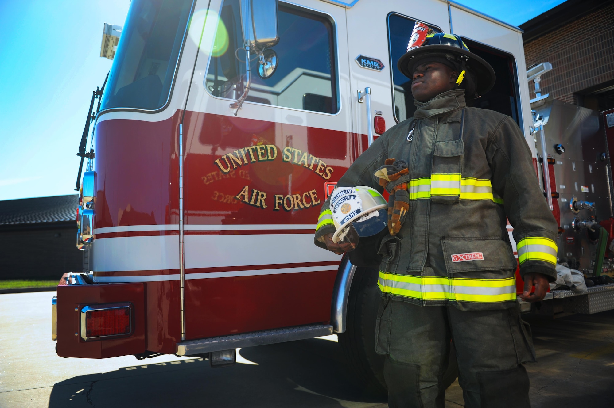 The 19th Civil Engineer Squadron Fire Department is composed of both military and civilian personnel that work as one team to protect life, property and environment within the boundaries of the Air Force installation.Military personnel wear the red and black helmet while civilian personnel wear white helmets. (U.S. Air Force photo by Airman 1st Class Codie Collins)