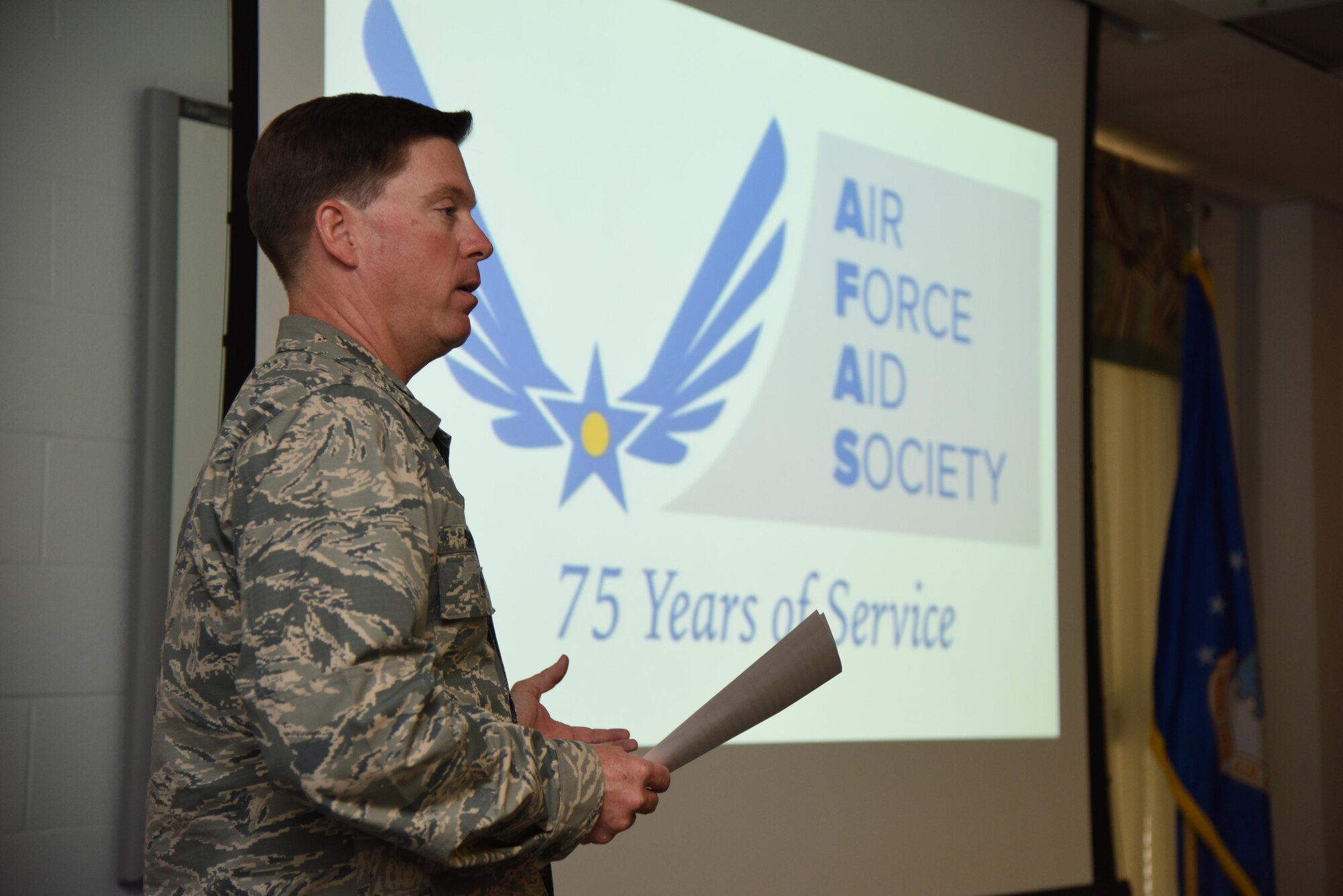 Col. C. Mike Smith, 81st Training Wing vice commander, delivers remarks during the Air Force Aid Society 75th Anniversary Celebration at the Sablich Center March 10, 2017, on Keesler Air Force Base, Miss. Gen. Henry ‘Hap’ Arnold founded the relief organization in 1942, which is the official charity of the U.S. Air Force and exists to meet the unique needs of Total Force Airmen, their families and widows or widowers. (U.S. Air Force photo by Kemberly Groue)