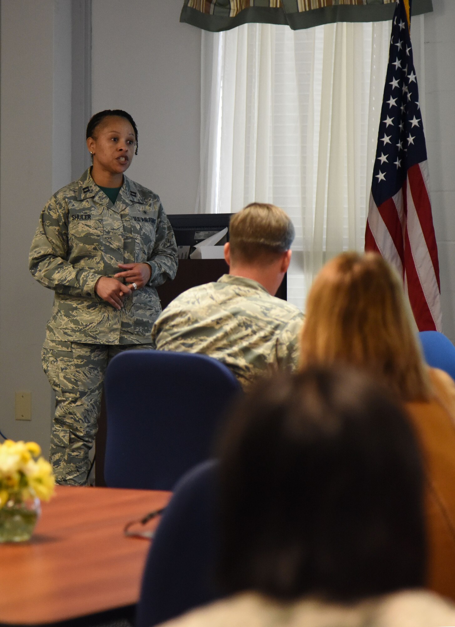 Capt. Tajuana Shuler, 81st Medical Operations Squadron clinical nurse and Keesler’s Air Force Aid Society project officer, delivers remarks during the 75th AFAS Anniversary Celebration at the Sablich Center March 10, 2017, on Keesler Air Force Base, Miss. Gen. Henry ‘Hap’ Arnold founded the relief organization in 1942, which is the official charity of the U.S. Air Force and exists to meet the unique needs of Total Force Airmen, their families and widows or widowers. (U.S. Air Force photo by Kemberly Groue)
