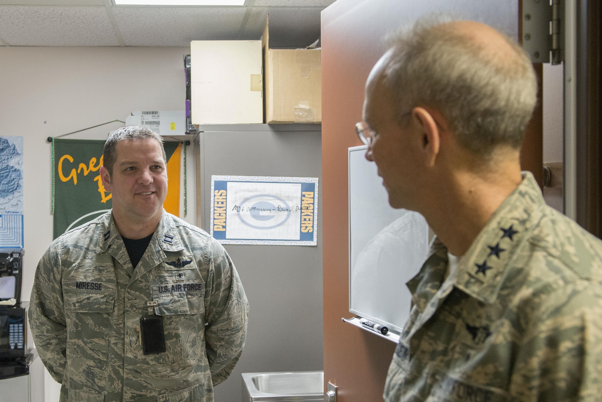 U.S. Air Force Lt. Gen. Mark Ediger, the Air Force surgeon general, speaks with Capt. Steven Miresse, a 354th Medical Group health care integrator, March 10, 2017 at Eielson Air Force Base, Alaska. Ediger entered the Air Force in 1985 and has served as the Aerospace Medicine Consultant to the Air Force surgeon general, commanded two medical groups and served as command surgeon for three major commands. (U.S. Air Force photo by Airman Eric M. Fisher)