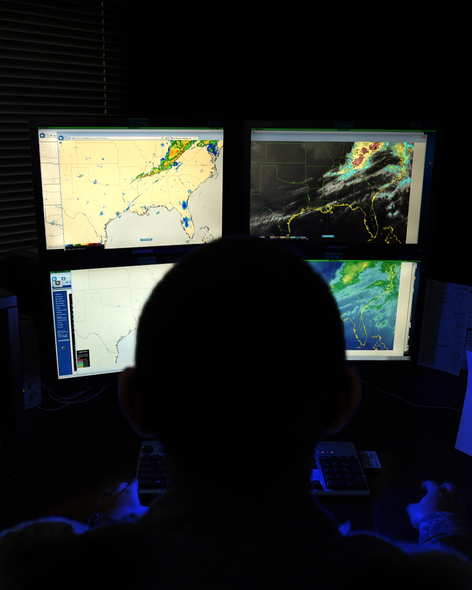 U.S. Air Force Airman 1st Class Jacob Phipps, 19th Operations Support Squadron Weather Flight journeyman, monitors a radar screen Feb. 29, 2017, at Little Rock Air Force Base, Ark. The radars enable Phipps to identify precipitation, lightning strikes and potential thunderstorms within the local area. (U.S. Air Force photo by Airman 1st Class Kevin Sommer Giron)