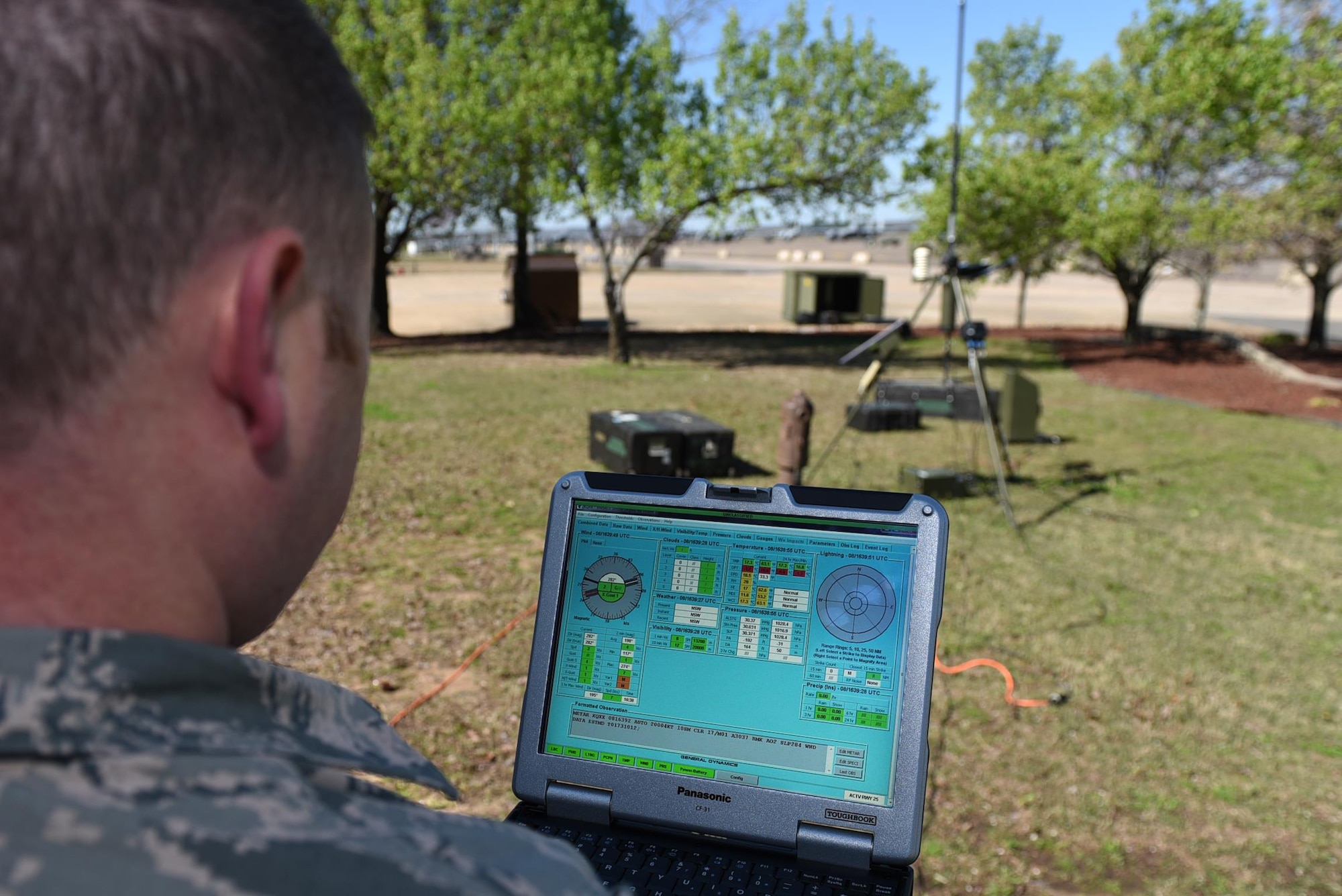 U.S. Air Force Tech. Sgt. Jesse Miller, 19th Operations Support Squadron Weather Flight forecaster, monitors weather data collected by a Tactical Meteorological Observing System March 8, 2017, at Little Rock Air Force Base, Ark. Weather Airmen use this system in case the main weather sensors on the airfield are not working. (U.S. Air Force photo by Airman 1st Class Kevin Sommer Giron)