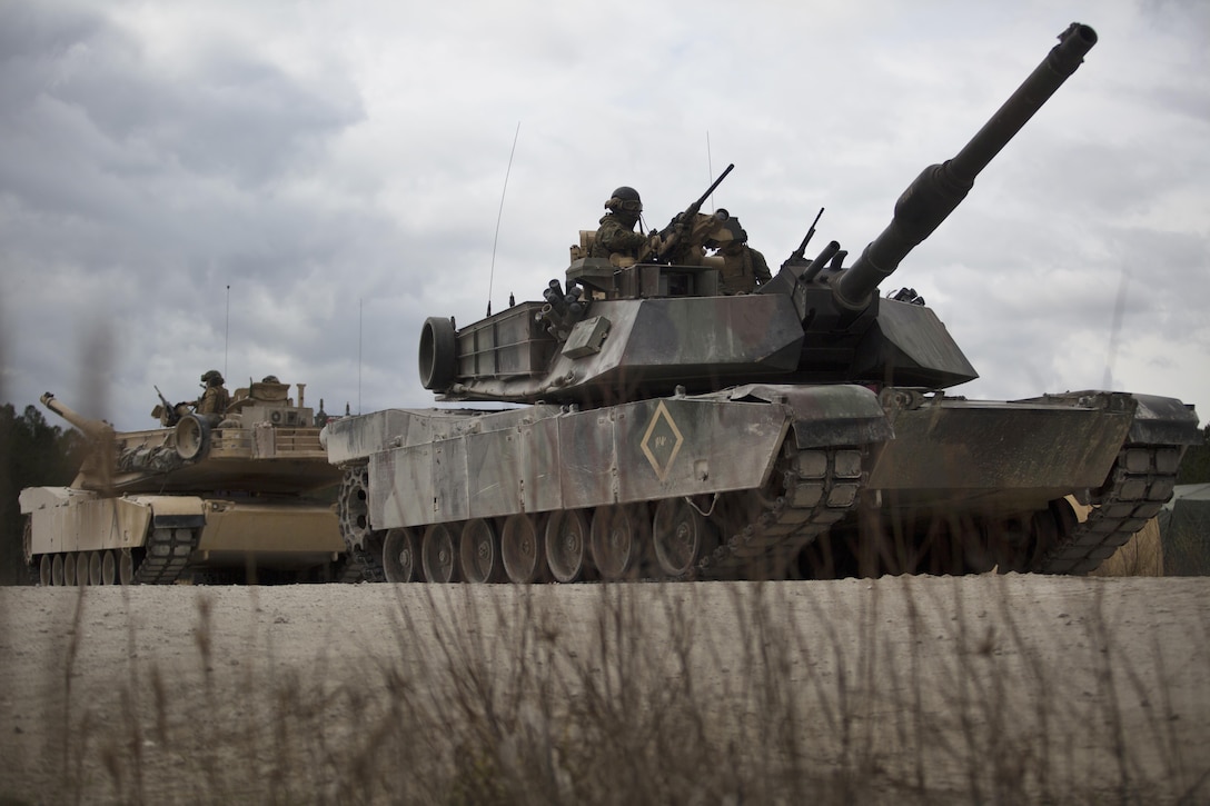 M1A1 Abrams tanks standby for range at Camp Lejeune, N.C., March 8, 2017. 2nd Tank Battalion, 2nd Marine Division conducted a semiannual gunnery qualification for Alpha Company in order to gauge their Marines’ proficiency in combat engagements. (U.S. Marine Corps photo by Lance Cpl. Raul Torres)
