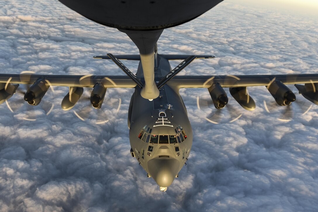 An Air Force MC-130J Commando II approaches a KC-135R Stratotanker for refueling during a training sortie during Emerald Warrior 17 over Florida, March 7, 2017. The U.S. Special Operations Command exercise focuses on joint special operations forces as they train to respond to various threats across the spectrum of conflict. The Commando II is assigned to the 9th Special Operations Squadron and the Stratotanker is assigned to the 121st Air Refueling Wing, Ohio Air National Guard. Air National Guard photo by Senior Airman Ashley Williams