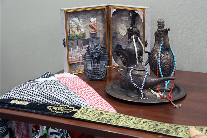 Mementos obtained during travels and assignments to the Middle East were on display for U.S. Army Central Soldiers and their Family Members during a quarterly Headquarters and Headquarters Battalion, USARCENT Family Readiness Group meeting at Shaw Air Force Base, S.C. March 9.