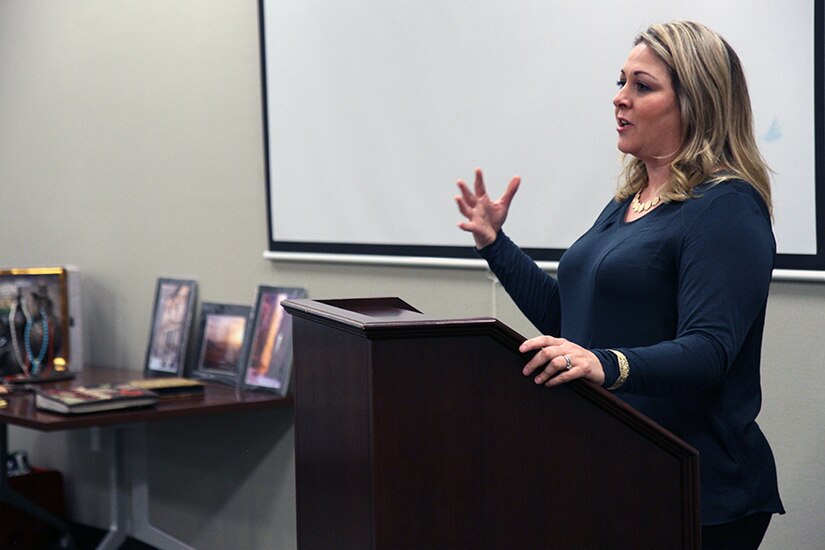 Judy Merrill, spouse of Col. Aaron Merrill, U.S. Army Central international military affairs chief, shares some of the things she experienced as a spouse and mother while living in the Middle East as part of an accompanied tour with USARCENT Soldiers and their Family Members during a quarterly Headquarters and Headquarters Battalion, USARCENT Family Readiness Group meeting at Shaw Air Force Base, S.C. March 9.