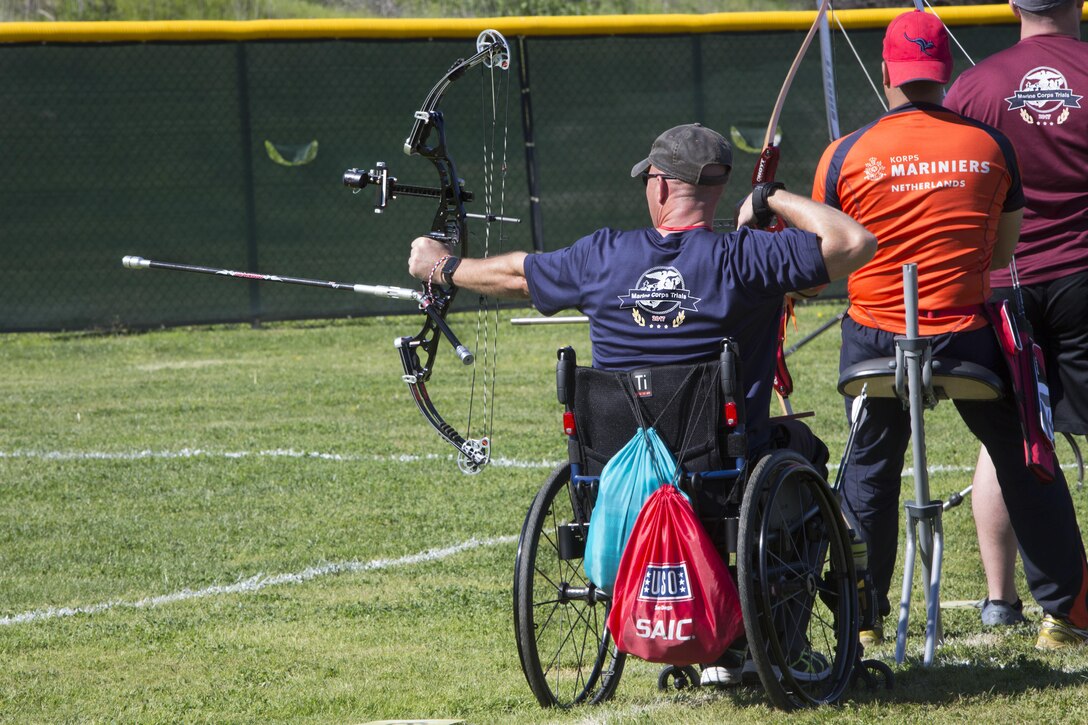 U.S. Marine Gunnery Sgt. Doug Godfrey shoots during the 2017 Marine Corps Trials Archery Competition at Marine Corps Base Camp Pendleton, Calif., March 13, 2017. The Marine Corps Trials promotes recovery and rehabilitation through adaptive sport participation and develops camaraderie among recovering Service members and veterans. It is an opportunity for RSMs to demonstrate their achievements and serves as the primary venue to select Marine Corps participants for the DoD Warrior Games. 