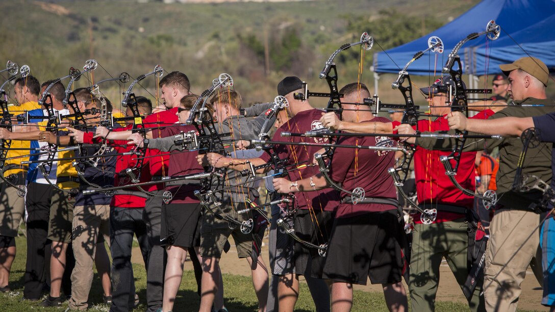 2017 Marine Corps Trials athletes compete in the archery competition at Marine Corps Base Camp Pendleton, Calif., March 13, 2017. The Marine Corps Trials promotes recovery and rehabilitation through adaptive sport participation and develops camaraderie among recovering Service members and veterans. It is an opportunity for RSMs to demonstrate their achievements and serves as the primary venue to select Marine Corps participants for the DoD Warrior Games.
