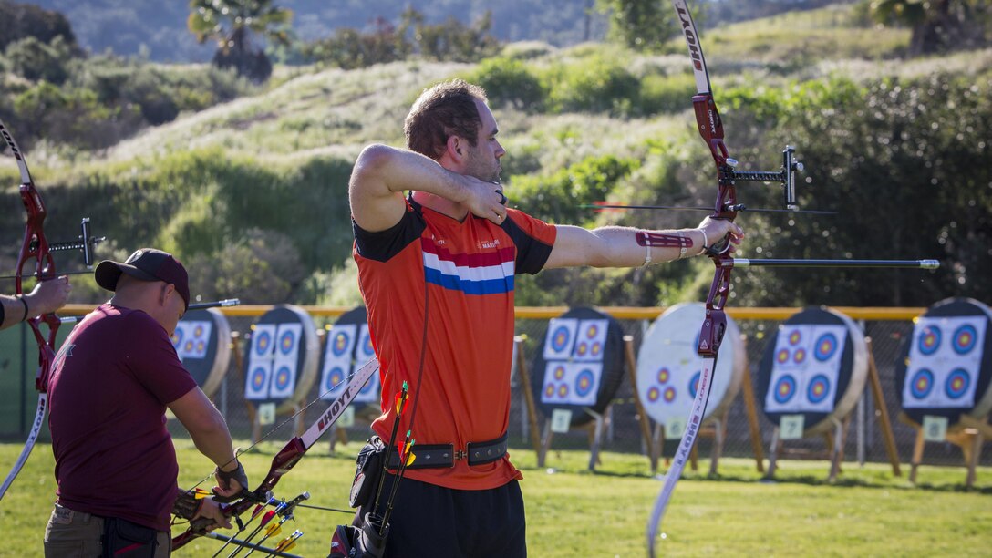 Dutch Marine First Class Lex Chardon competes in the 2017 Marine Corps Trials Archery Competition at Marine Corps Base Camp Pendleton, Calif., March 13, 2017. The Marine Corps Trials promotes recovery and rehabilitation through adaptive sport participation and develops camaraderie among recovering Service members and veterans. It is an opportunity for RSMs to demonstrate their achievements and serves as the primary venue to select Marine Corps participants for the DoD Warrior Games. 