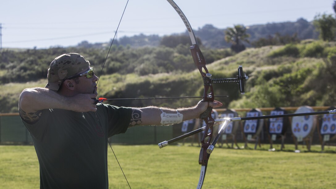 A member of the 2017 Marine Corps Trials International Team competes in the archery competition at Marine Corps Base Camp Pendleton, Calif., March 13, 2017. The Marine Corps Trials promotes recovery and rehabilitation through adaptive sport participation and develops camaraderie among recovering Service members and veterans. It is an opportunity for RSMs to demonstrate their achievements and serves as the primary venue to select Marine Corps participants for the DoD Warrior Games. 