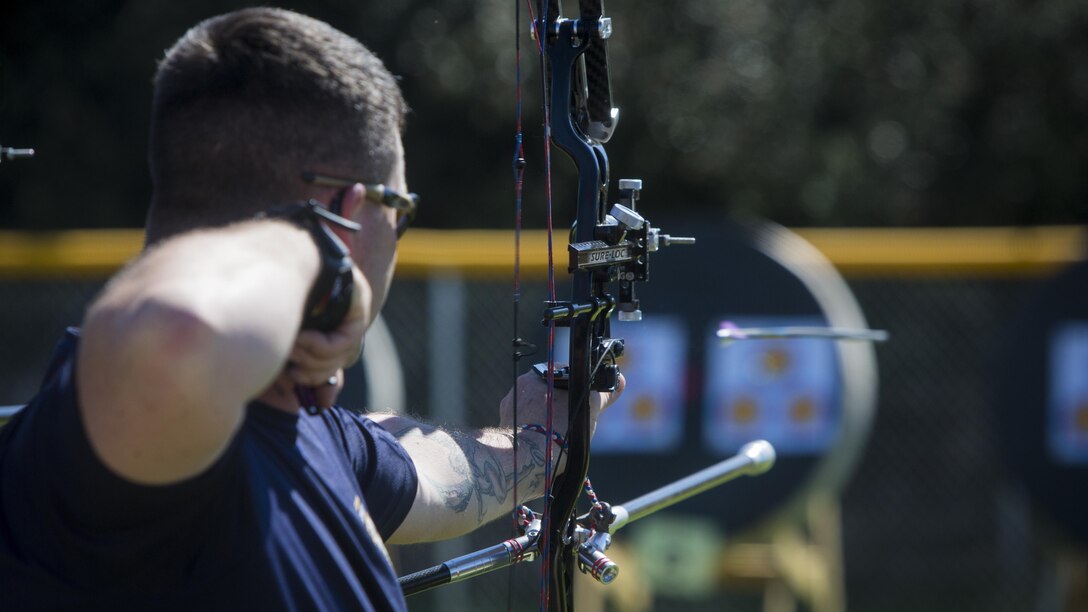 U.S. Marine Corps Staff Sgt. Robert Houser competes in the 2017 Marine Corps Trials Archery Competition at Marine Corps Base Camp Pendleton, Calif., March 13, 2017. Houser, a Tunkhannock, Pa., native, is a member of the 2017 Marine Corps Trials Wounded Warrior Battalion-West Team. The Marine Corps Trials promotes recovery and rehabilitation through adaptive sport participation and develops camaraderie among recovering Service members and veterans. It is an opportunity for RSMs to demonstrate their achievements and serves as the primary venue to select Marine Corps participants for the DoD Warrior Games.