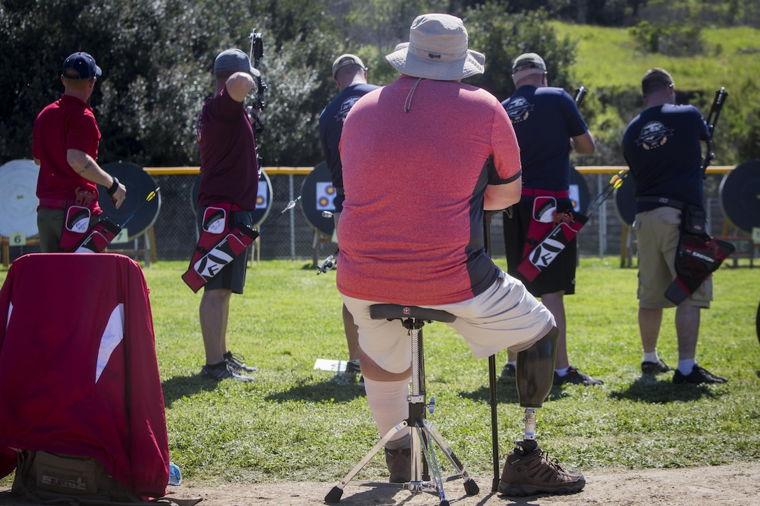 U.S. Marine Corps veteran Richard Burkett watches final competitors during the 2017 Marine Corps Trials Archery Competition at Marine Corps Base Camp Pendleton, Calif., March 13, 2017. Burkett is a Jacksonville, N.C., native, and is an archery coach for the 2017 Marine Corps Trials. The Marine Corps Trials promotes recovery and rehabilitation through adaptive sport participation and develops camaraderie among recovering Service members  and veterans. It is an opportunity for RSMs to demonstrate their achievements and serves as the primary venue to select Marine Corps participants for the DoD Warrior Games. 
