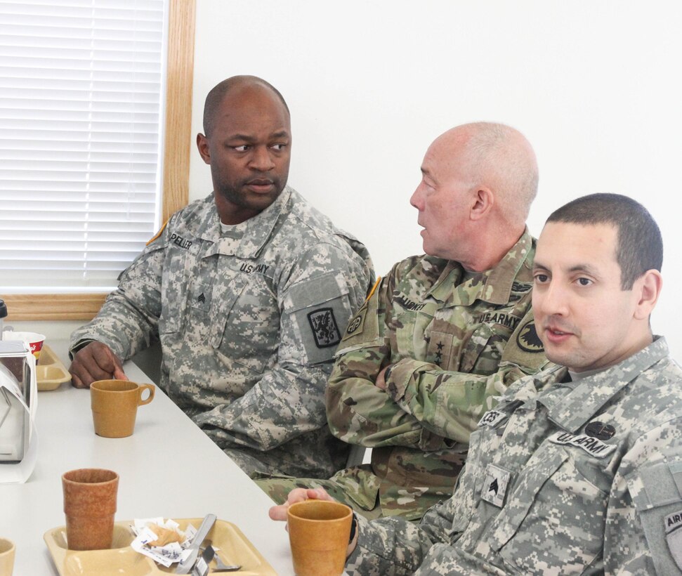 LTG Charles D. Luckey, Commanding General of U.S. Army Reserve Command, talks to U.S. Army Reserve Soldiers during breakfast at Operation Cold Steel at Fort McCoy, Wis., March 10, 2017. Operation Cold Steel is the U.S. Army Reserve's crew-served weapons qualification and validation exercise to ensure that America's Army Reserve units and soldiers are trained and ready to deploy on short-notice and bring combat-ready and lethal firepower in support of the Army and our joint partners anywhere in the world. (U.S. Army Reserve photo by Staff Sgt. Debralee Best, 84th Training Command Public Affairs)