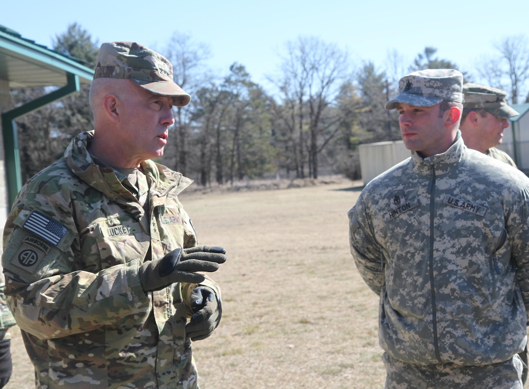 1st. Sgt. Shane Hinton, a drill sergeant in 3rd Battalion, 334th Infantry Regiment, 95th Training Division, 108th Training Command, listens intently to LTG Charles D. Luckey, Commanding General of U.S. Army Reserve Command; Hinton briefed the Commanding General on Operation Cold Steel range operations at Fort McCoy, Wis., March 10, 2017. Operation Cold Steel is the U.S. Army Reserve's crew-served weapons qualification and validation exercise to ensure that America's Army Reserve units and soldiers are trained and ready to deploy on short-notice and bring combat-ready and lethal firepower in support of the Army and our joint partners anywhere in the world. 