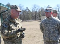 1st. Sgt. Shane Hinton, a drill sergeant in 3rd Battalion, 334th Infantry Regiment, 95th Training Division, 108th Training Command, listens intently to LTG Charles D. Luckey, Commanding General of U.S. Army Reserve Command; Hinton briefed the Commanding General on Operation Cold Steel range operations at Fort McCoy, Wis., March 10, 2017. Operation Cold Steel is the U.S. Army Reserve's crew-served weapons qualification and validation exercise to ensure that America's Army Reserve units and soldiers are trained and ready to deploy on short-notice and bring combat-ready and lethal firepower in support of the Army and our joint partners anywhere in the world. 