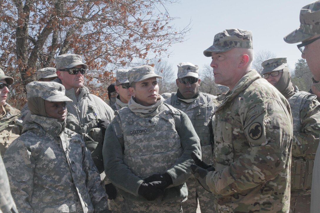 LTG Charles D. Luckey, Commanding General of U.S. Army Reserve Command, talks to the U.S. Army Reserve Soldiers that are supporting Gunnery Table IV operations during Operation Cold Steel at Fort McCoy, Wis., March 10, 2017. Operation Cold Steel is the U.S. Army Reserve's crew-served weapons qualification and validation exercise to ensure that America's Army Reserve units and soldiers are trained and ready to deploy on short-notice and bring combat-ready and lethal firepower in support of the Army and our joint partners anywhere in the world. 