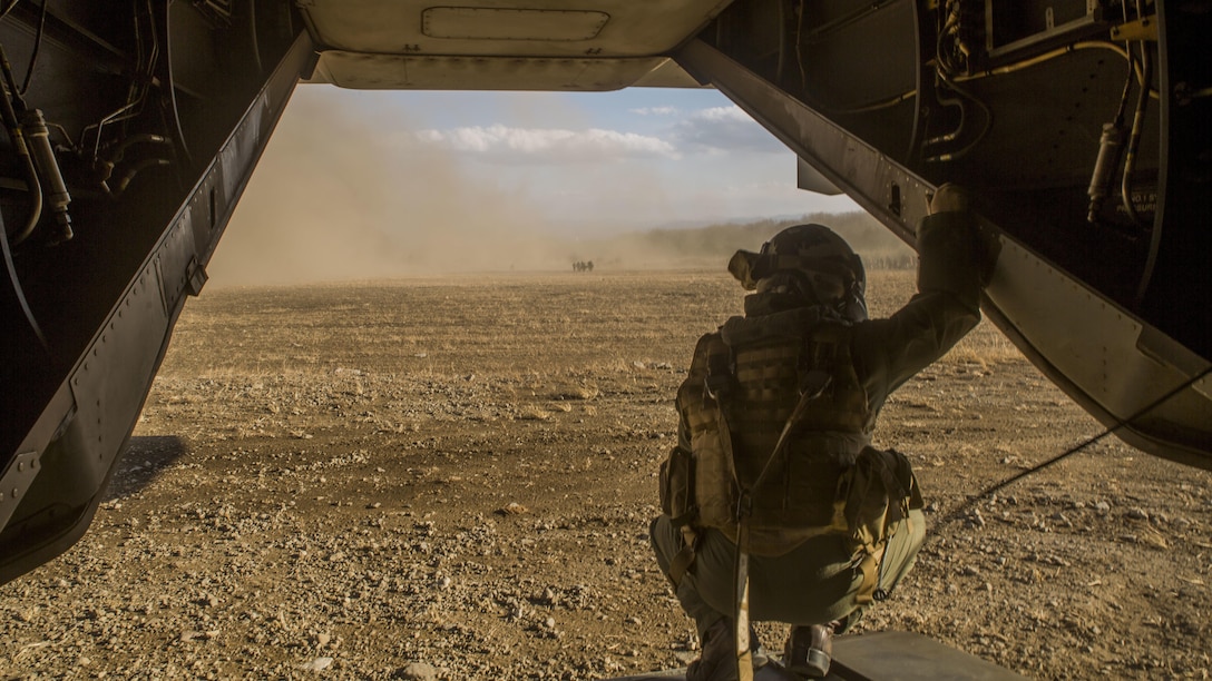 A tiltrotor crew chief with Marine Medium Tiltrotor Squadron 265, Marine Aircraft Group 36, 1st Marine Aircraft Wing awaits a casualty while practicing casualty evacuation drills, March 10, 2017 at Camp Soumagahara, Japan as part of Forest Light 17-1. Forest Light is a routine, semi-annual exercise conducted by U.S. and Japanese forces in order to strengthen our interoperability and combined capabilities in defense of the U.S.-Japanese alliance.