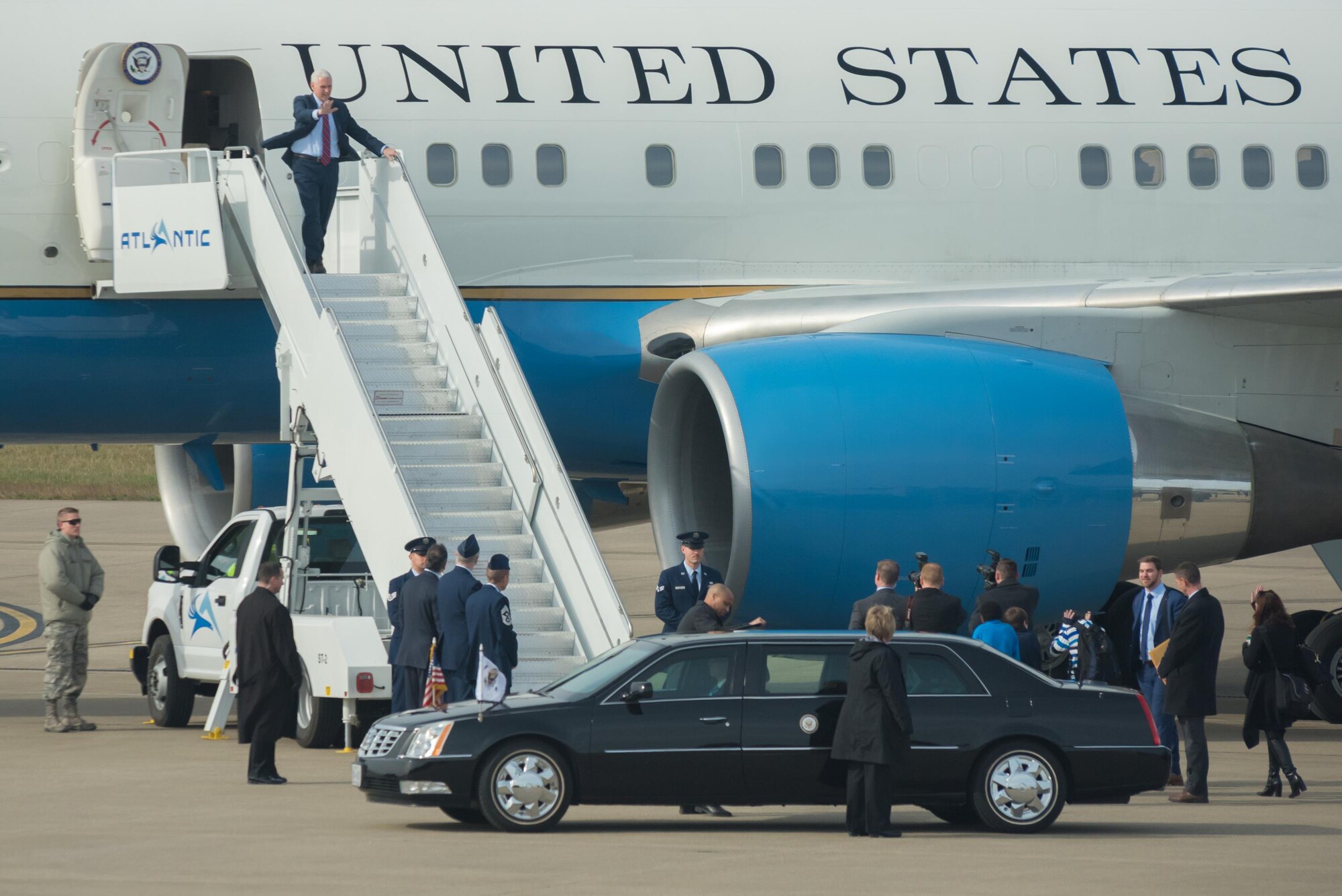 Vice President Mike Pence arrives at the Kentucky Air National Guard Base in Louisville, Ky., March 11, 2017. Pence was in Louisville to speak with local business leaders about health care and the economy. (U.S. Air National Guard photo by Lt. Col. Dale Greer)