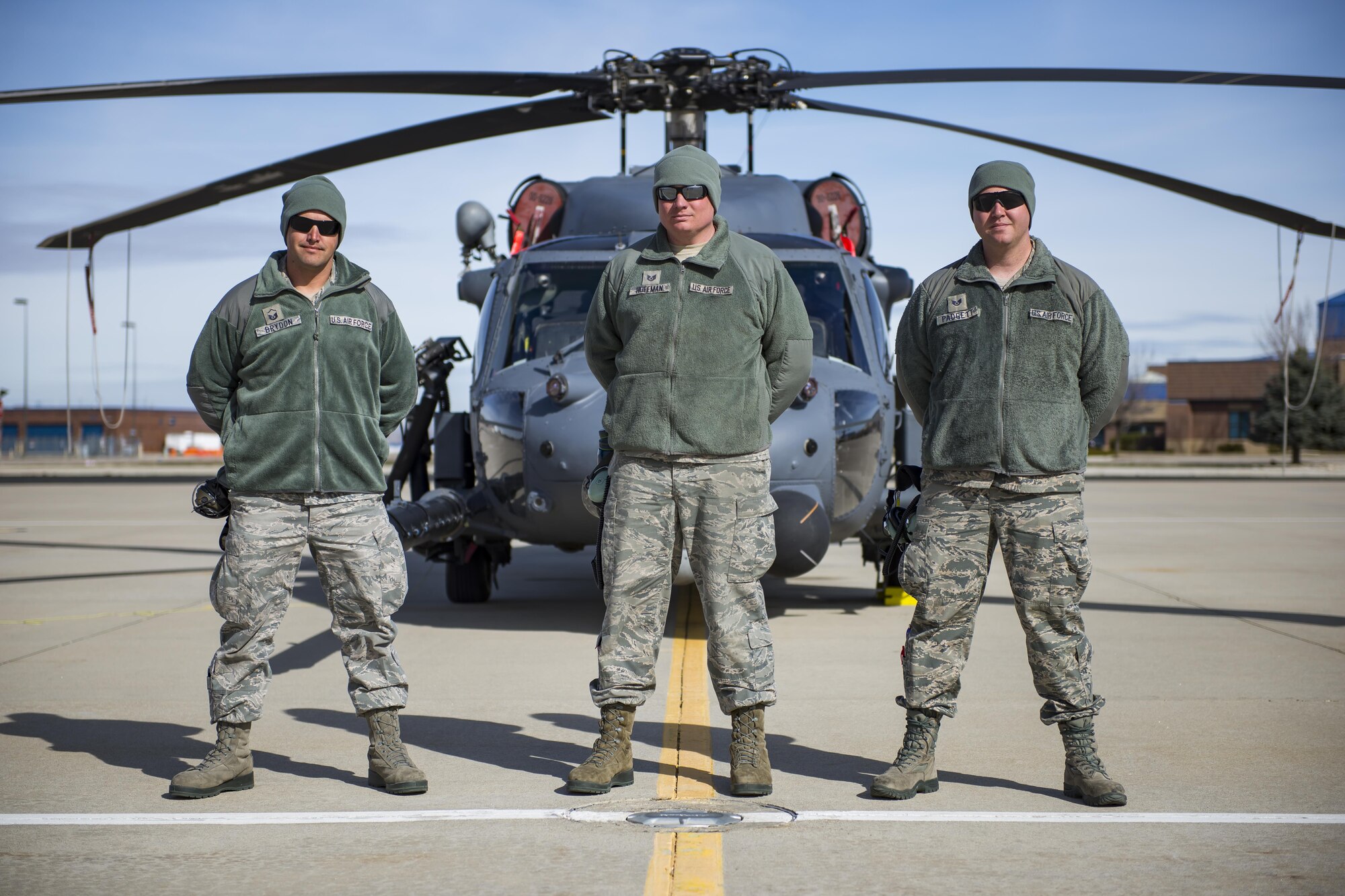 hree maintainers from the 943rd Maintenance Squadron stand in front of an HH-60G Pave Hawk, March 3, 2017, at Gowen Field, Idaho, during pre-deployment training for the 305th Rescue Squadron. The 305th RQS, located at Davis-Monthan Air Force Base, Ariz., is conducting training at the Idaho Air National Guard’s Orchard Combat Training Center, a 143,000-acre live-fire range located south of Boise, Idaho, to hone all of their search and rescue procedures before heading to Southwest Asia.