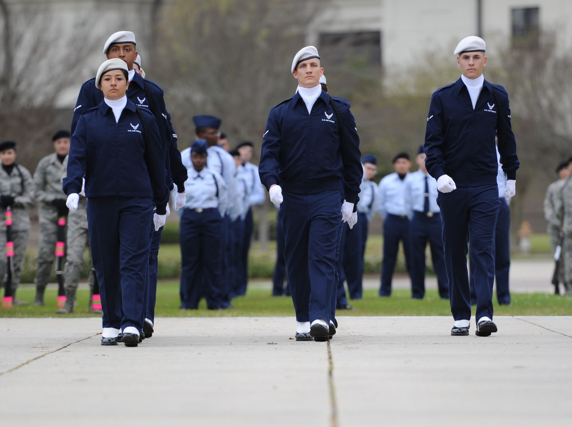 Members of the 334th Training Squadron regulation drill team perform during the 81st Training Group drill down at the Levitow Training Support Facility drill pad March 10, 2017, on Keesler Air Force Base, Miss. Airmen from the 81st TRG competed in a quarterly open ranks inspection, regulation drill routine and freestyle drill routine with the 334th TRS “Gators” taking first place. (U.S. Air Force photo by Kemberly Groue)