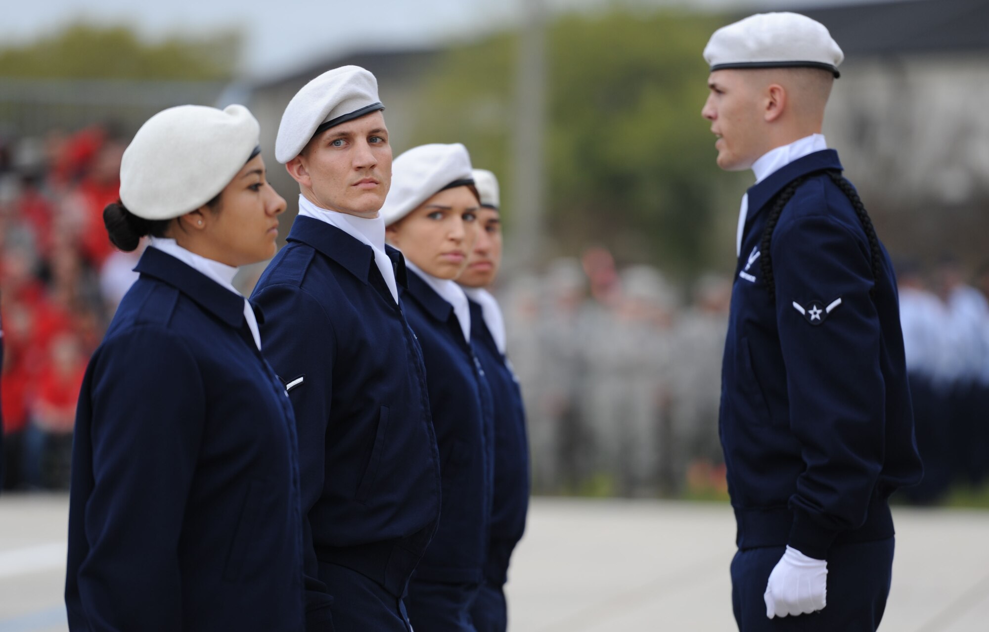 Members of the 334th Training Squadron regulation drill team perform during the 81st Training Group drill down at the Levitow Training Support Facility drill pad March 10, 2017, on Keesler Air Force Base, Miss. Airmen from the 81st TRG competed in a quarterly open ranks inspection, regulation drill routine and freestyle drill routine with the 334th TRS “Gators” taking first place. (U.S. Air Force photo by Kemberly Groue)