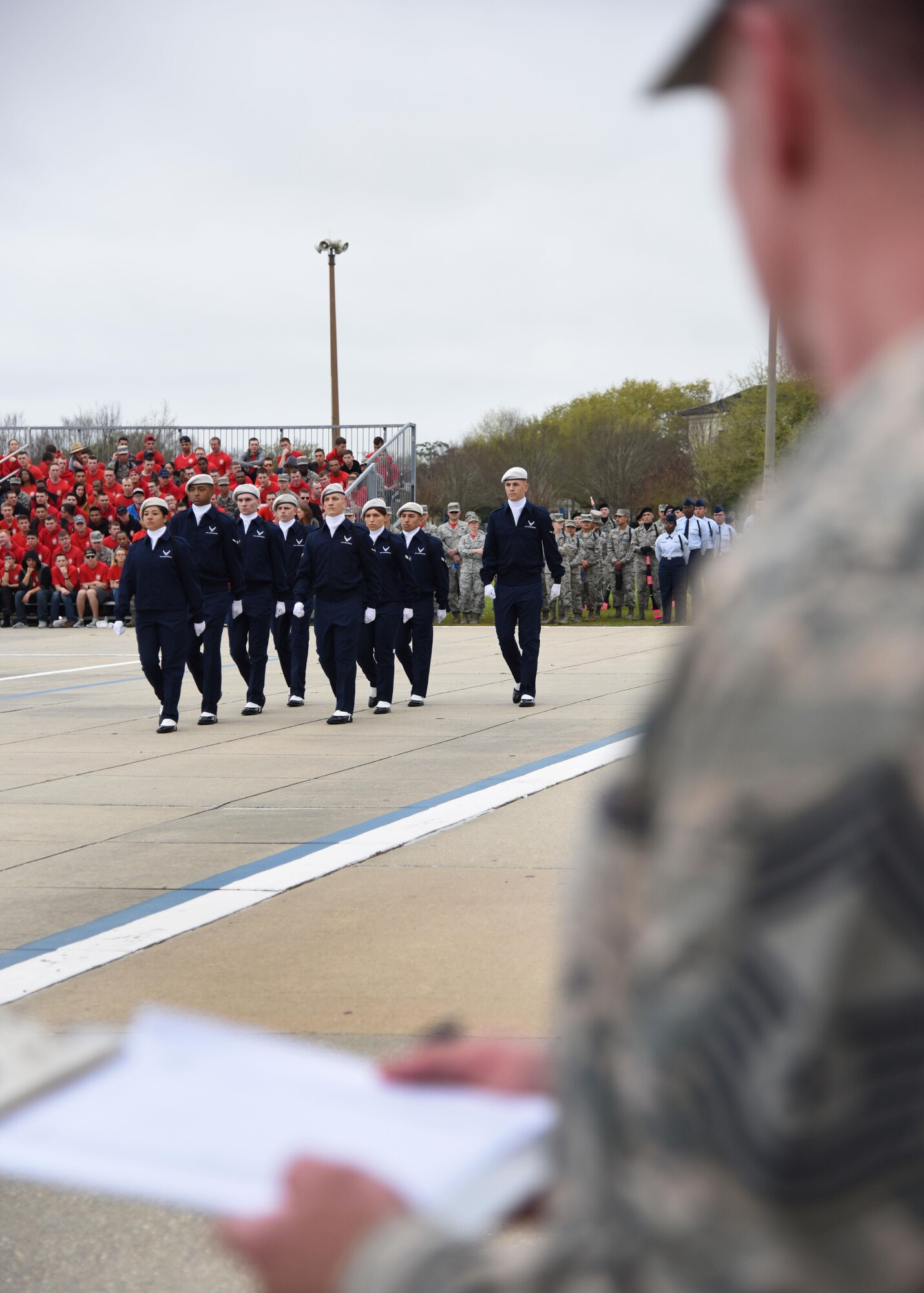 Members of the 334th Training Squadron regulation drill team perform during the 81st Training Group drill down at the Levitow Training Support Facility drill pad March 10, 2017, on Keesler Air Force Base, Miss. Airmen from the 81st Training Group competed in a quarterly open ranks inspection, regulation drill routine and freestyle drill routine with the 334th TRS “Gators” taking first place. (U.S. Air Force photo by Kemberly Groue)