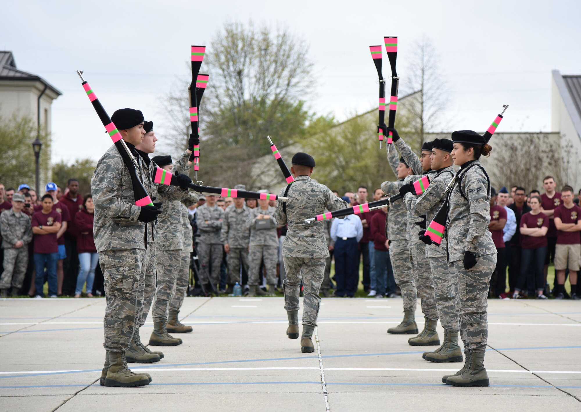 Members of the 334th Training Squadron freestyle drill team perform during the 81st Training Group drill down at the Levitow Training Support Facility drill pad March 10, 2017, on Keesler Air Force Base, Miss. Airmen from the 81st TRG competed in a quarterly open ranks inspection, regulation drill routine and freestyle drill routine with the 334th TRS “Gators” taking first place. (U.S. Air Force photo by Kemberly Groue)