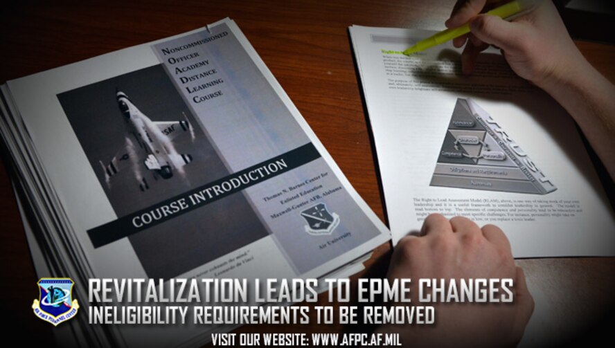 The reenlistment and extension ineligibility requirement will be removed from the enlisted professional military education program effective March 15, 2017 according to Air Force officials. The policy adjustment places authority and responsibility for reenlistments back at the squadron level and provides flexibility for commanders to retain high-performing experienced Airmen who meet the Air Force’s mission needs, in line with revitalizing Air Force squadrons. (U.S. Air Force photo by Senior Airman John Nieves Camacho)
