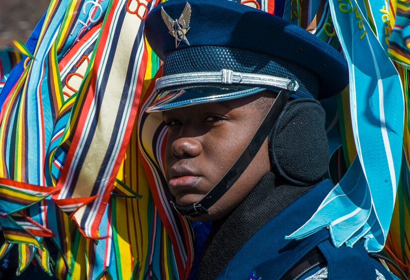 Airman 1st Class Jamar Jackson, U.S. Air Force Honor Guard member, holds the U.S. Air Force flag with streamers prior to the annual Chicago St. Patrick’s Day Parade, March 11, 2017. During their trip to Chicago, the honor guard also marched in the South Side Irish St. Patrick’s Day Parade to represent the Air Force and its Airmen to the American public and the world through their discipline, attention to detail and service to the country. (U.S. Air Force photo by Senior Airman Jordyn Fetter)