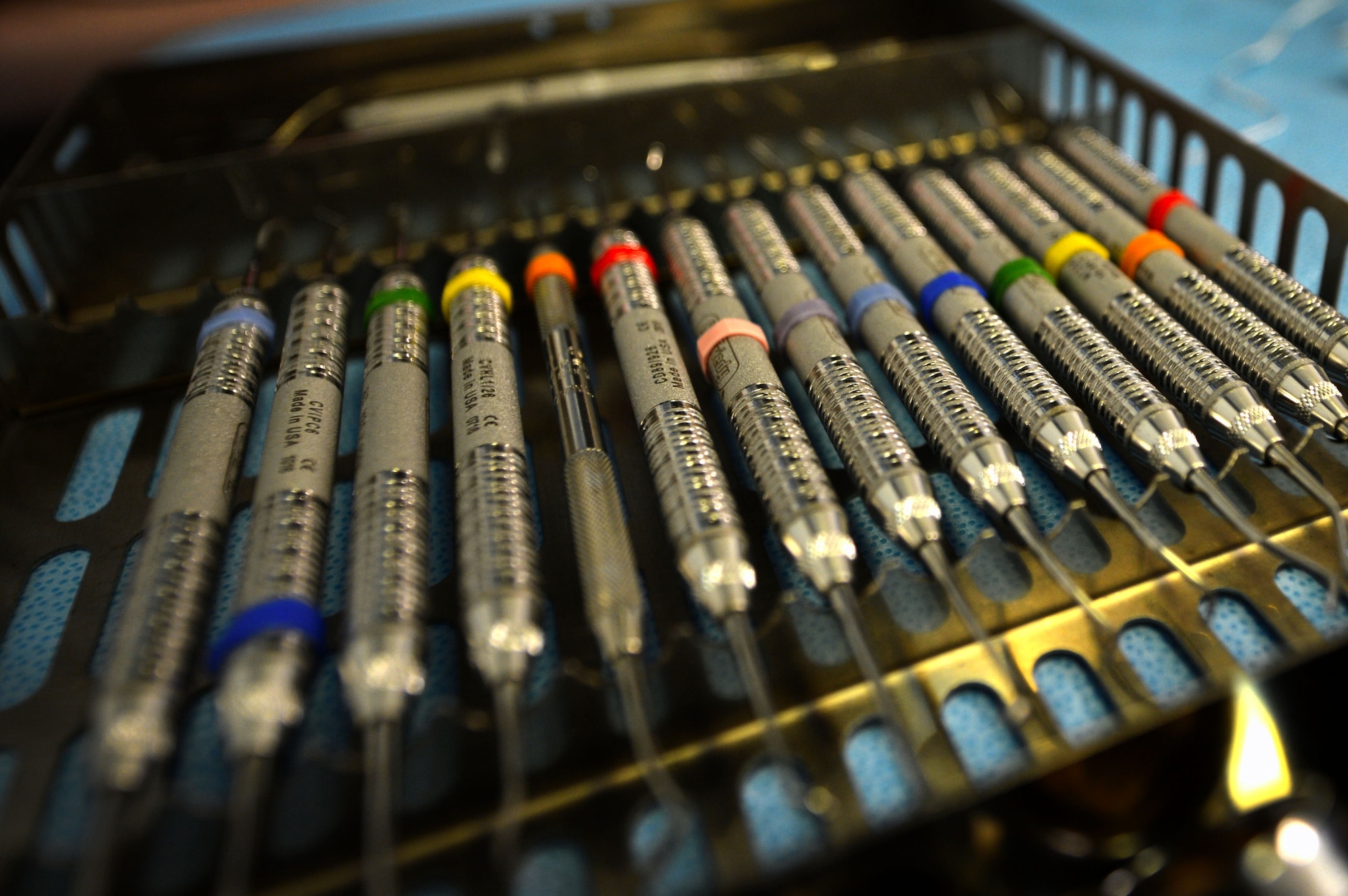 A set of dental picks lay on a tray at Shaw Air Force Base, S.C., March 13, 2017. As of March 2017, the 20th DS has prepared 97.1 percent of Team Shaw Airmen to be dentally deployable, with the Air Force’s goal being 95 percent. Airmen assigned to Shaw Air Force Base, S.C., are required to receive an annual dental check-up intended to ensure that Airmen are meeting oral requirements for deployment. (U.S. Air Force photo by Airman 1st Class Christopher Maldonado)