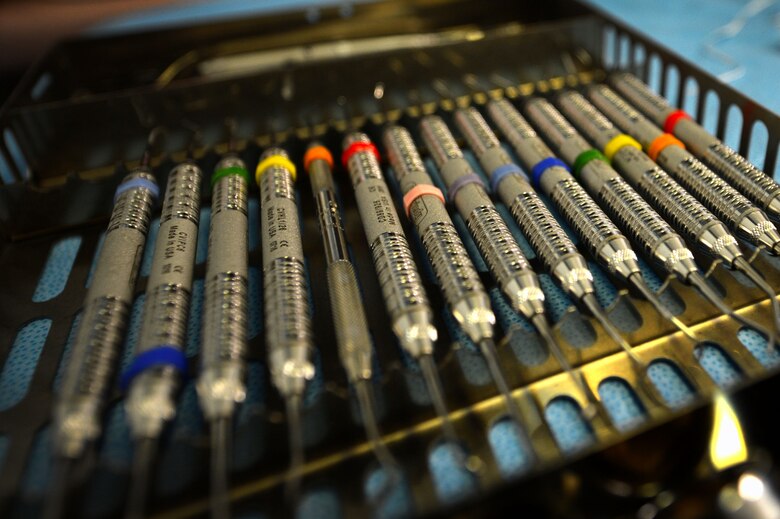 A set of dental picks lay on a tray at Shaw Air Force Base, S.C., March 13, 2017. As of March 2017, the 20th DS has prepared 97.1 percent of Team Shaw Airmen to be dentally deployable, with the Air Force’s goal being 95 percent. Airmen assigned to Shaw Air Force Base, S.C., are required to receive an annual dental check-up intended to ensure that Airmen are meeting oral requirements for deployment. (U.S. Air Force photo by Airman 1st Class Christopher Maldonado)