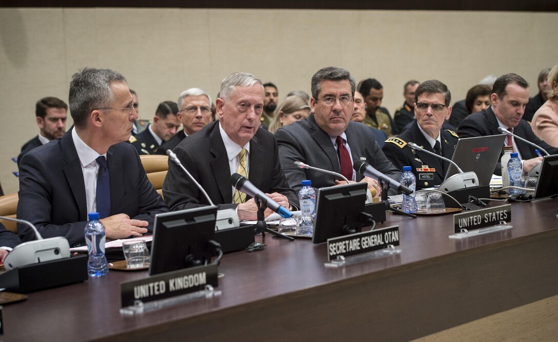 Defense Secretary Jim Mattis and NATO Secretary General Jens Stoltenberg, left, participate in a meeting of defense leaders from nations participating in the coalition to counter the Islamic State of Iraq and Syria at NATO headquarters in Brussels, Feb. 16, 2017. DoD photo by Air Force Tech. Sgt. Brigitte N. Brantley
