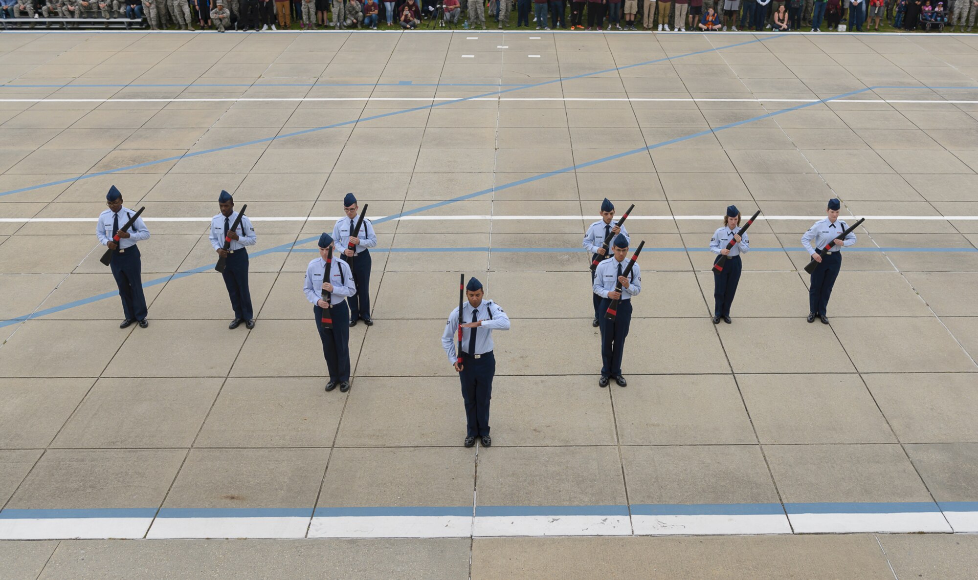 Members of the 335th Training Squadron freestyle drill team perform during the 81st Training Group drill down at the Levitow Training Support Facility drill pad March 10, 2017, on Keesler Air Force Base, Miss. Airmen from the 81st TRG competed in a quarterly open ranks inspection, regulation drill routine and freestyle drill routine with the 334th TRS “Gators” taking first place. (U.S. Air Force photo by André Askew)