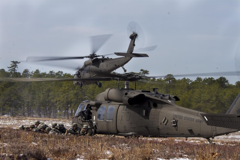 Army Reserve UH-60 Black Hawk Helicopters from 8th Battalion, 229th Aviation Regiment, based out of Fort Knox, Ky., drop off Soldiers assigned to the 101st Airborne Division (Air Assault) at Lakehurst Maxfield Field during a multi-component airfield seizure training exercise between the Army Reserve and the 101st Airborne Division on March 13, 2017 to kick off Warrior Exercise 78-17-01. Several Army Reserve organizations including the Army Reserve Aviation Command, 84th Training Command, 78th Training Division, and members of the 200th Military Police Command helped Easy Company, 2nd Battalion, 506th Parachute Infantry Regiment, 101st Airborne Division conduct the mission. Roughly 60 units from the U.S. Army Reserve, U.S. Army, U.S. Air Force, and Canadian Armed Forces are participating in the 84th Training Command’s joint training exercise, WAREX 78-17-01, at Joint Base McGuire-Dix-Lakehurst from March 8 until April 1, 2017; the WAREX is a large-scale collective training event designed to assess units’ combat capabilities as America’s Army Reserve continues to build the most capable, combat-ready, and lethal Federal Reserve force in the history of the Nation. (Army Reserve Photo by Sgt. Stephanie Ramirez/ Released)