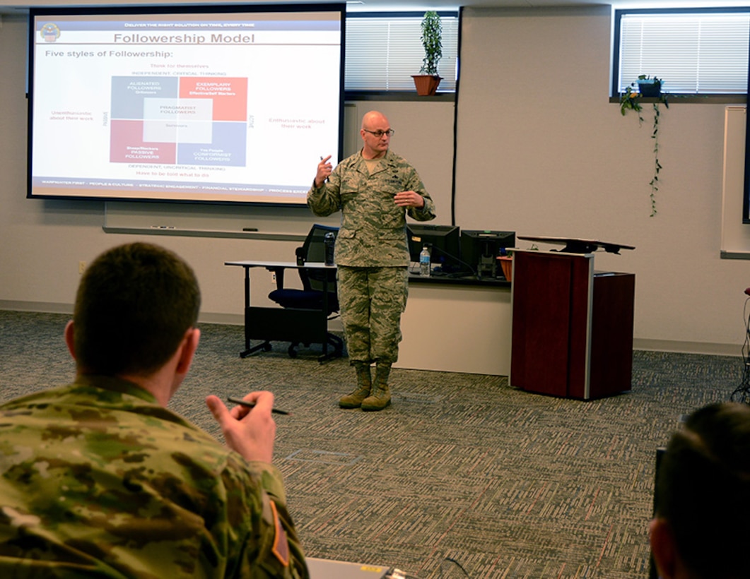 Air Force Brig. Gen. Allan Day, Defense Logistics Agency Aviation commander, discusses leadership methods at the Army Logistics University, Logistics Pre-command Course March 2 2017 at Fort Lee, Virginia.