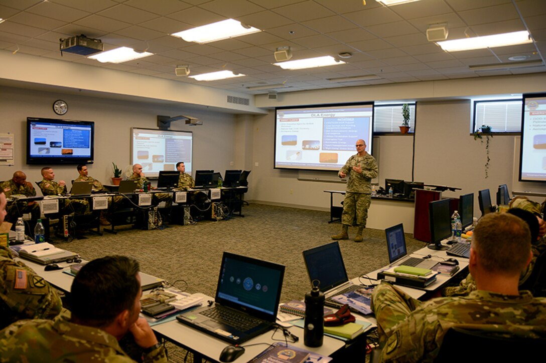 Air Force Brig. Gen. Allan Day, Defense Logistics Agency Aviation commander, gives an overview of Defense Logistics Agency and explains how DLA helps commanders accomplish the Army mission at the Army Logistics University, Logistics Pre-command Course March 2 2017 at Fort Lee, Virginia.