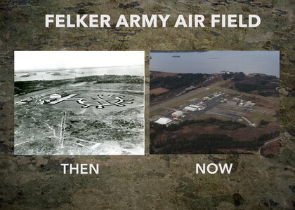 In 1955, Felker Army Airfield at Fort Eustis, Va., was home of the revolutionary wheel design and the first military heliport in the world. In the last 62 years, the airfield has been upgraded several times and now provides support for U.S. Army, U.S. Marine Corps and U.S. Navy helicopter training missions, completing 16 hours of flying operations daily. (U.S. Air Force graphic by Airman 1st Class Derek Seifert)