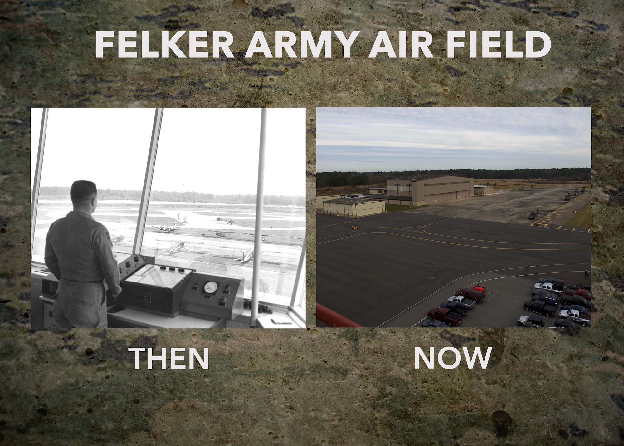 Since 1955, the Felker Airfield Air Traffic Control Tower at Felker Army Airfield at Joint Base Langley-Eustis, Va. has changed drastically. Originally, the ATC tower had visibility of the entire airfield including the wheel design which could only hold up to eight aircraft at a single time. Now the updated airfield can house nearly 30 aircraft. (U.S. Air Force graphic by Airman 1st Class Derek Seifert)