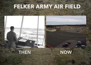 Since 1955, the Felker Airfield Air Traffic Control Tower at Felker Army Airfield at Joint Base Langley-Eustis, Va. has changed drastically. Originally, the ATC tower had visibility of the entire airfield including the wheel design which could only hold up to eight aircraft at a single time. Now the updated airfield can house nearly 30 aircraft. (U.S. Air Force graphic by Airman 1st Class Derek Seifert)